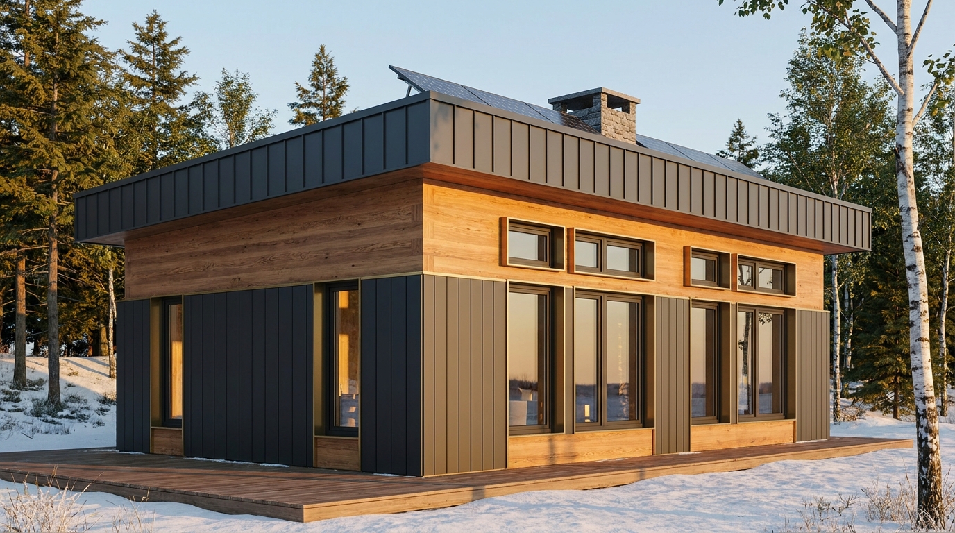 雪の小屋 外観 — AI render based on BIM specs