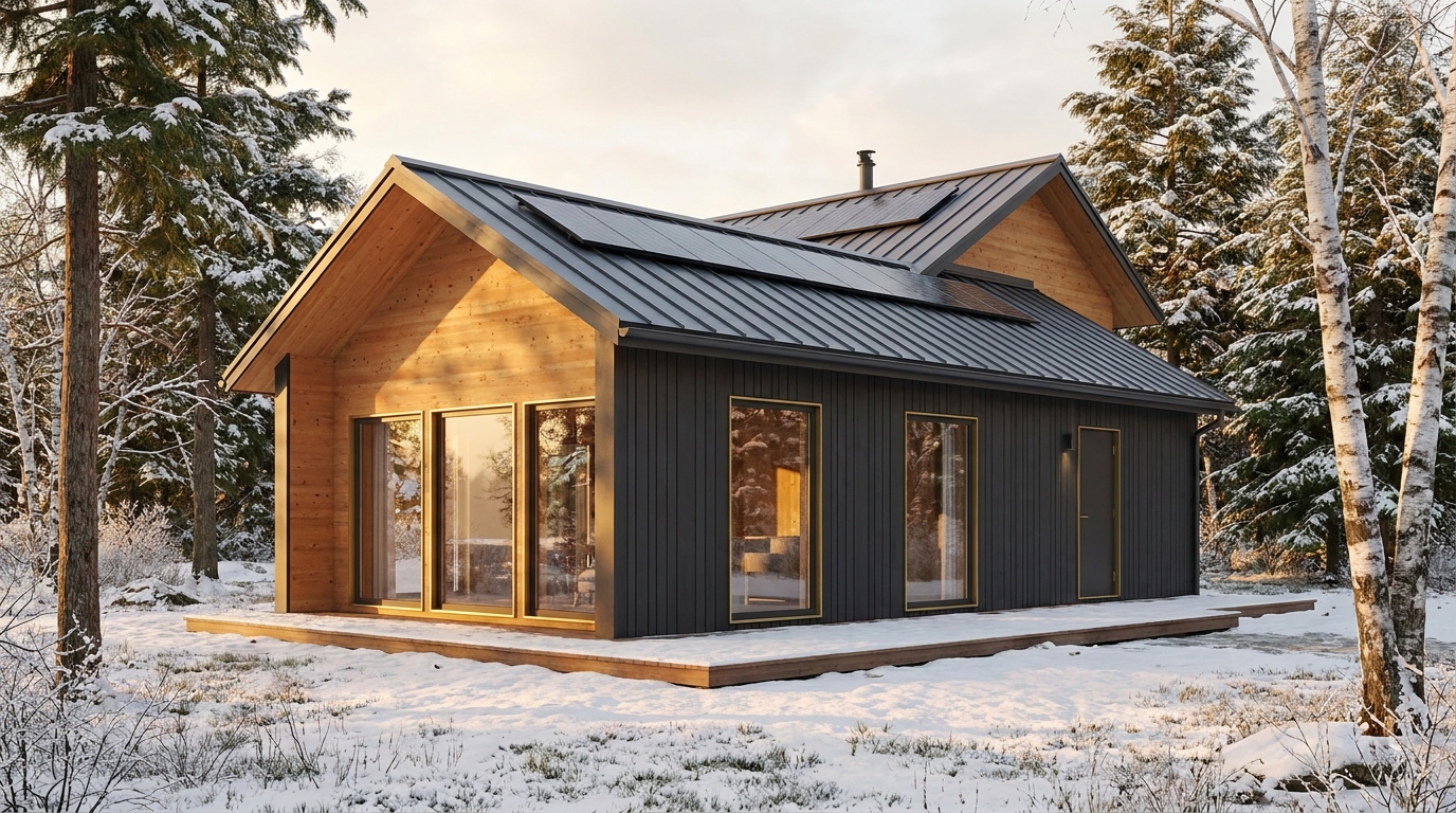 霜の小屋 外観 — AI render based on BIM specs