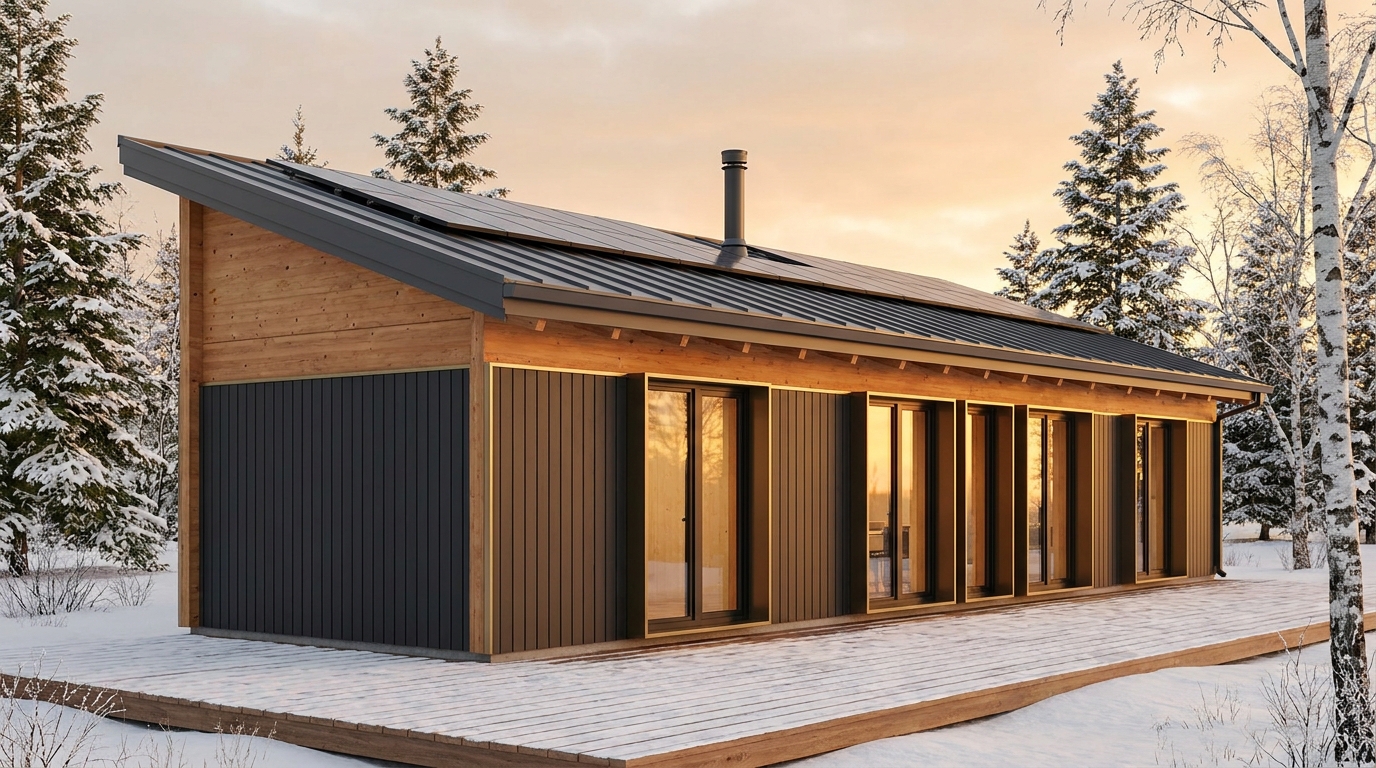 霜の小屋 外観 — AI render based on BIM specs