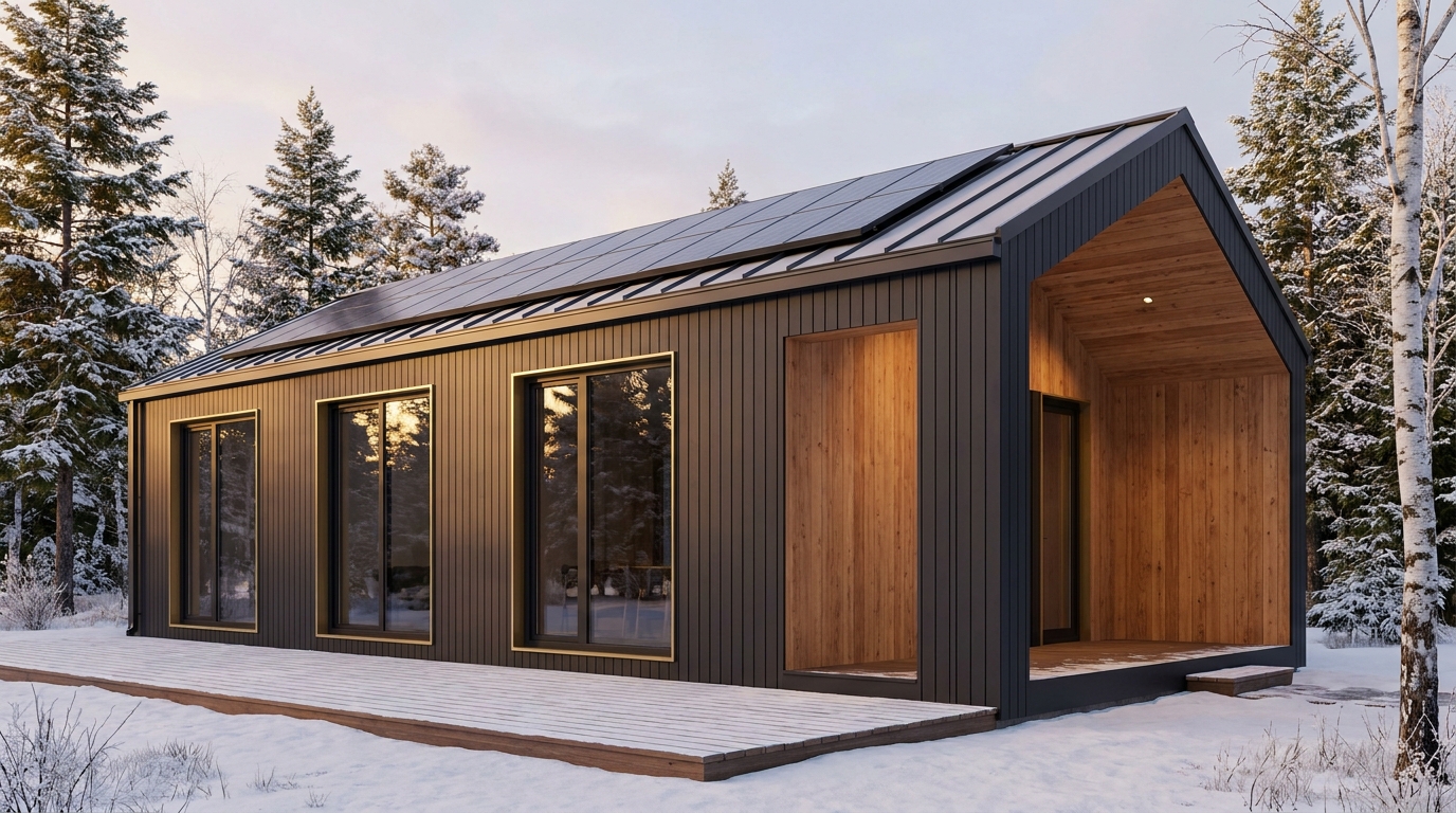 湖の小屋 外観 — AI render based on BIM specs