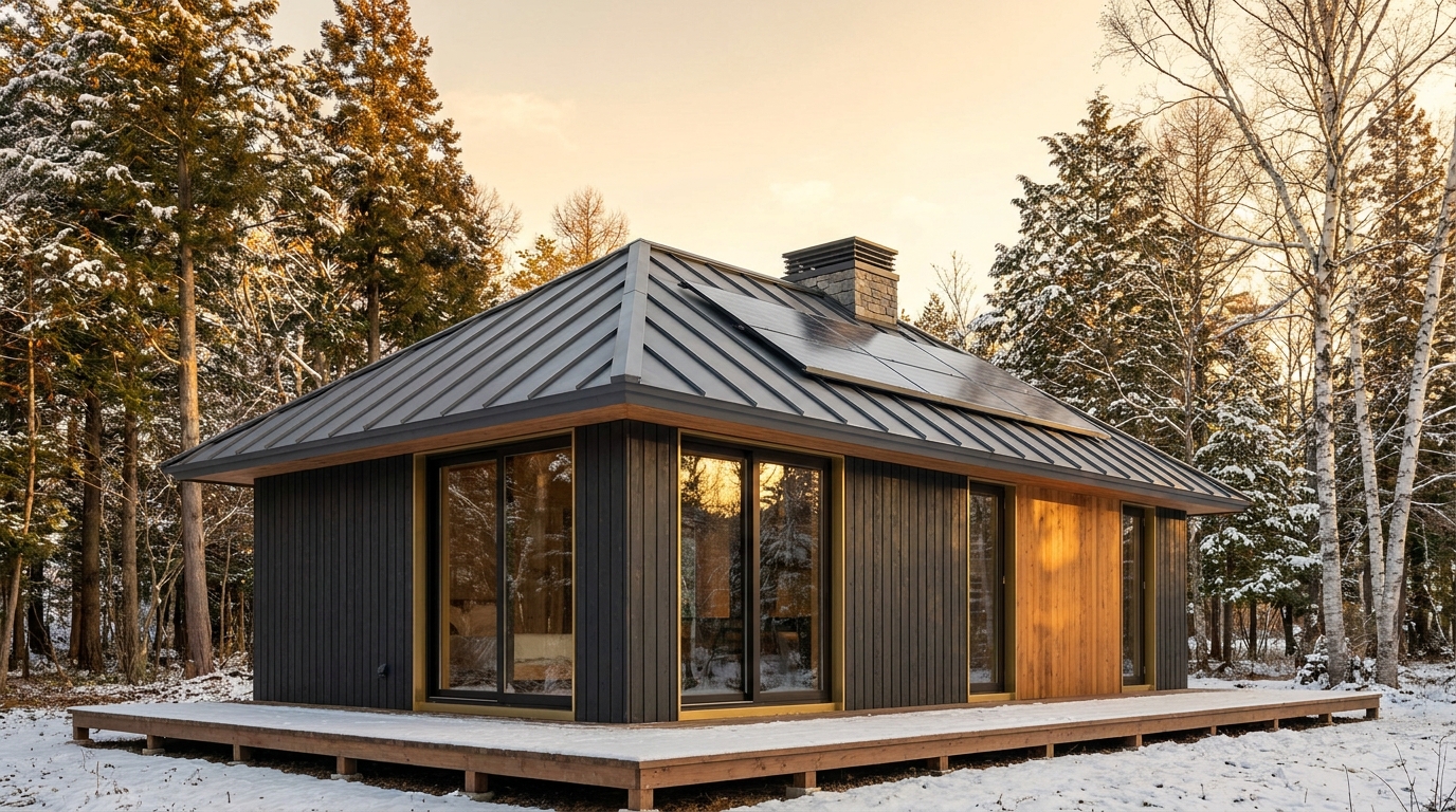 湖の小屋 外観 — AI render based on BIM specs