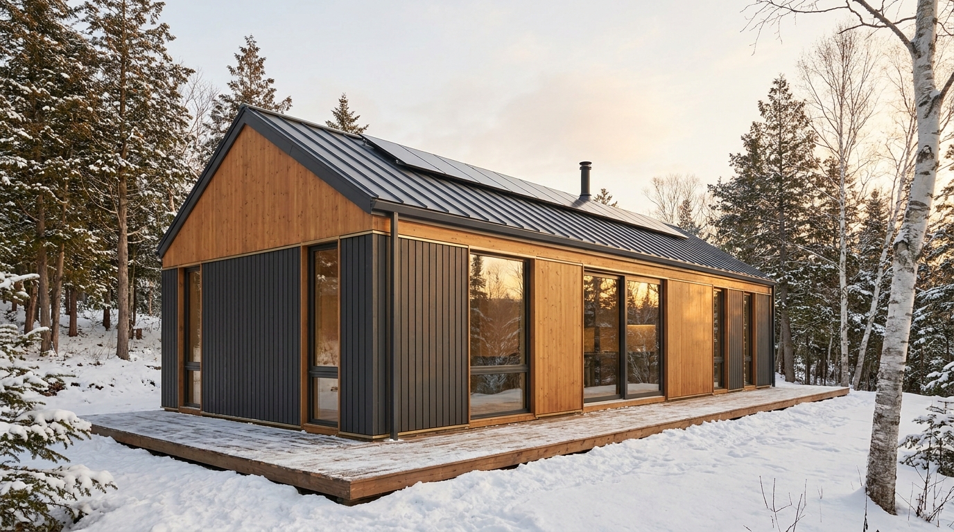 雪の小屋 外観 — AI render based on BIM specs