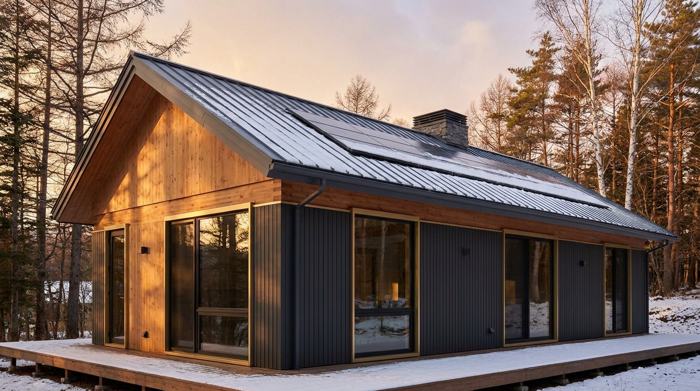 霜の小屋 外観 — AI render based on BIM specs
