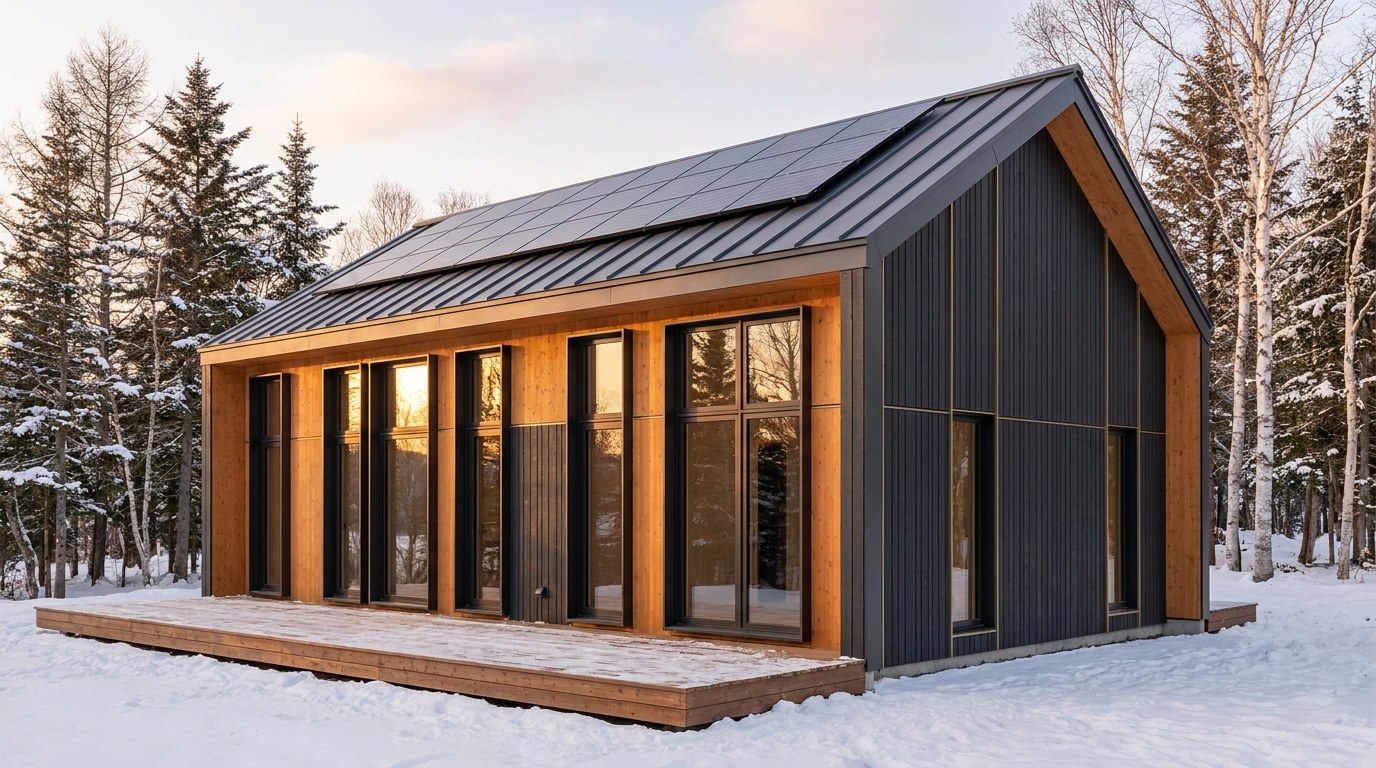 霜の小屋 外観 — AI render based on BIM specs