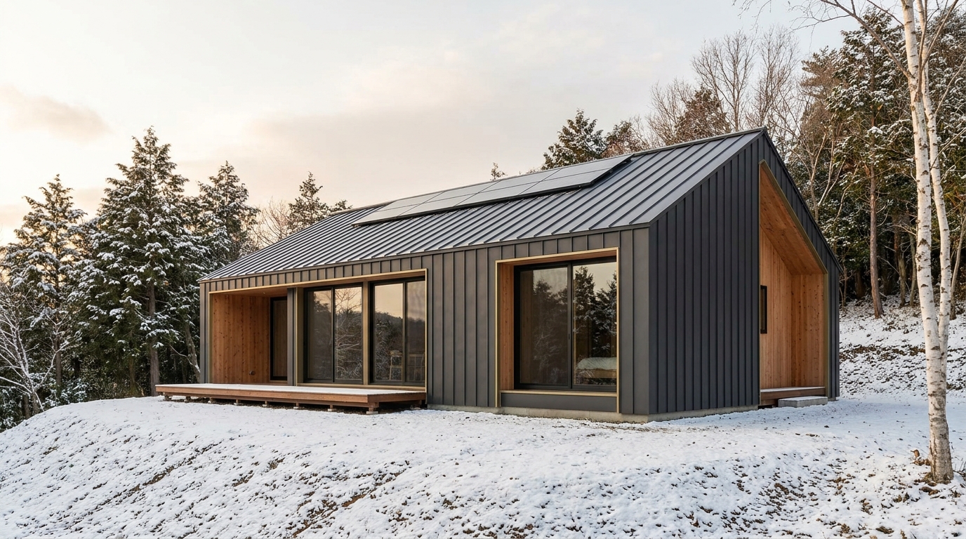 東の小屋 外観 — AI render based on BIM specs