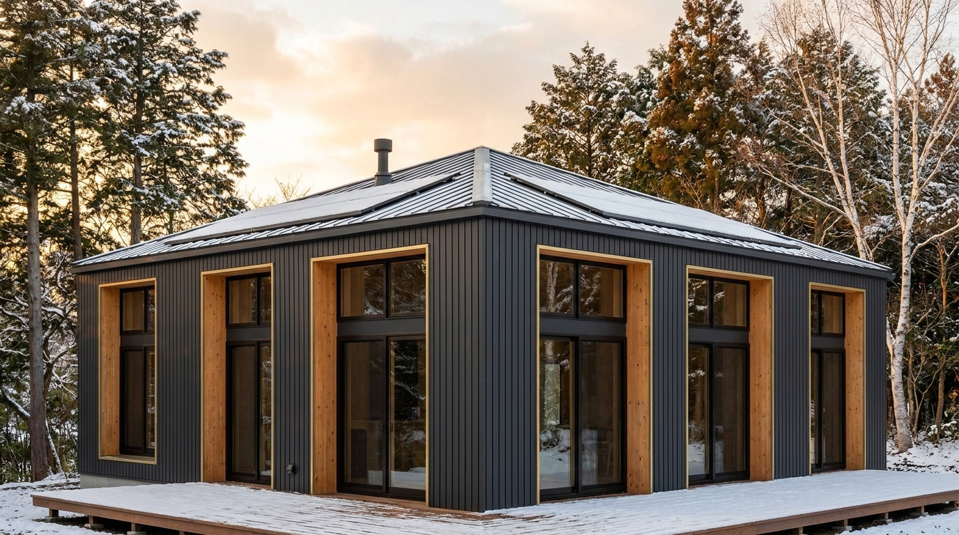 霜の小屋 外観 — AI render based on BIM specs